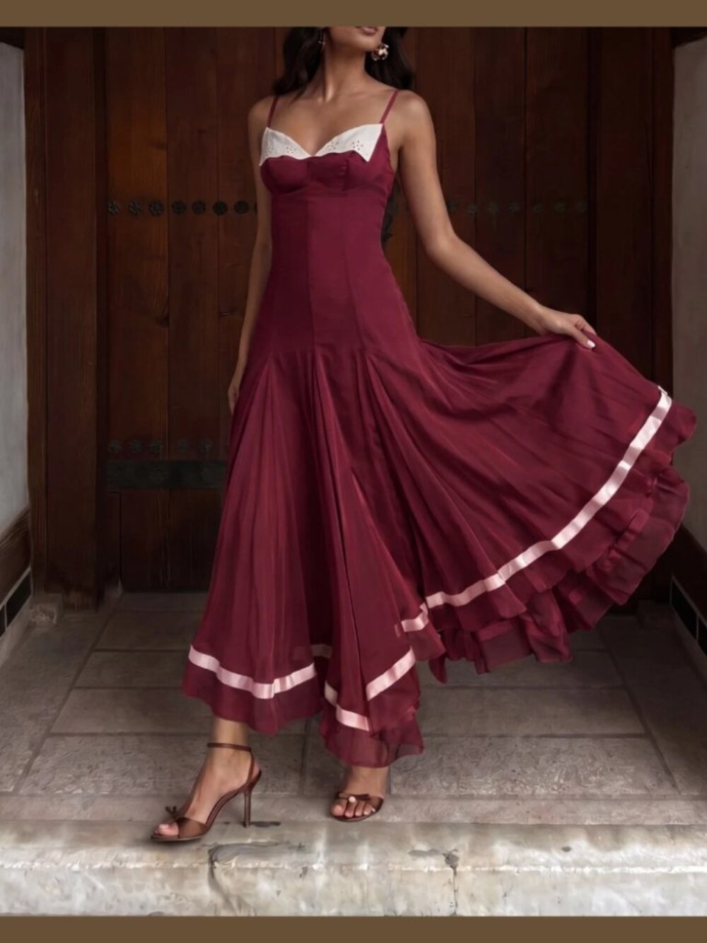 Burgundy Contrast Lace Trim Tiered Ribbon Hem Maxi Dress